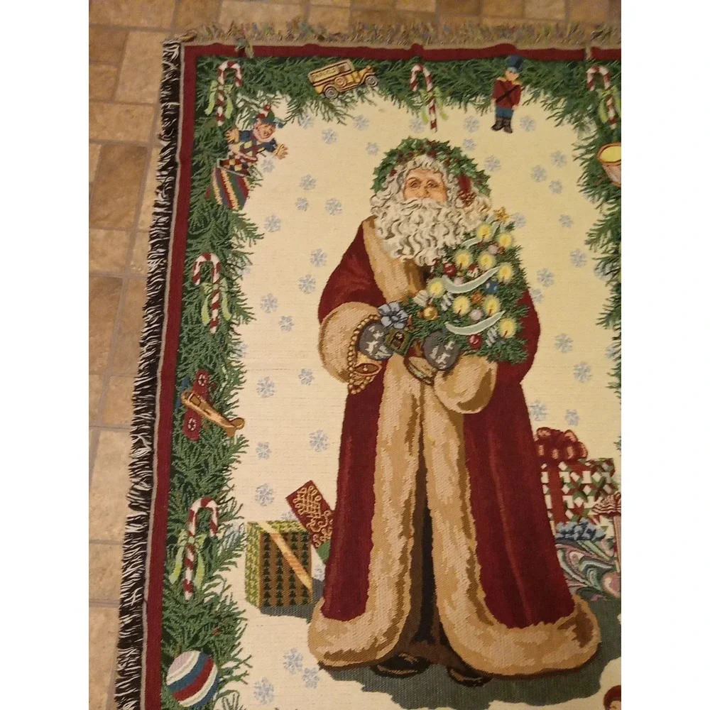 Goodwin Weaver Old World Christmas Santa Tapestry Fringe Throw Blanket 64x44 USA